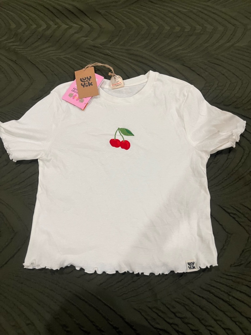 Lucy & Yak White Tee with Red Cherry Graphic